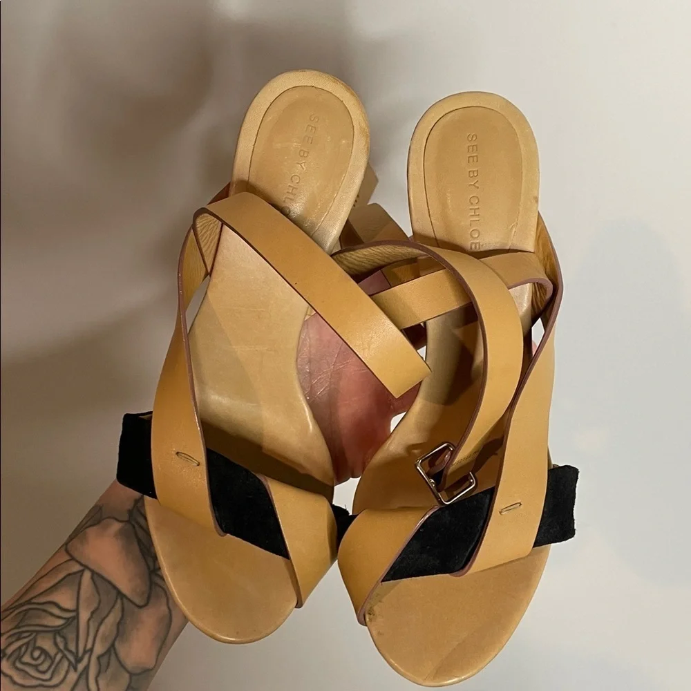See by Chloé | Leather Cutout Accent Slingback Wedge Sandals Size 9.5
